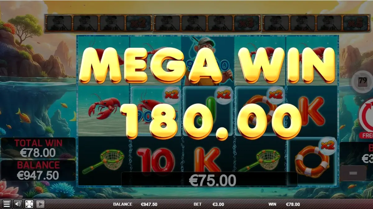 Interface do jogo Lobster Splash com pescador e lagostas